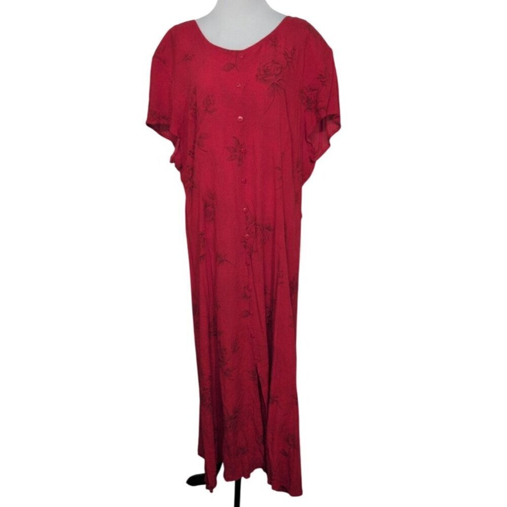 Vintage Sunshine Starshine Floral Rose Maxi Shirt Dress Womens Size 18 Red Rayon